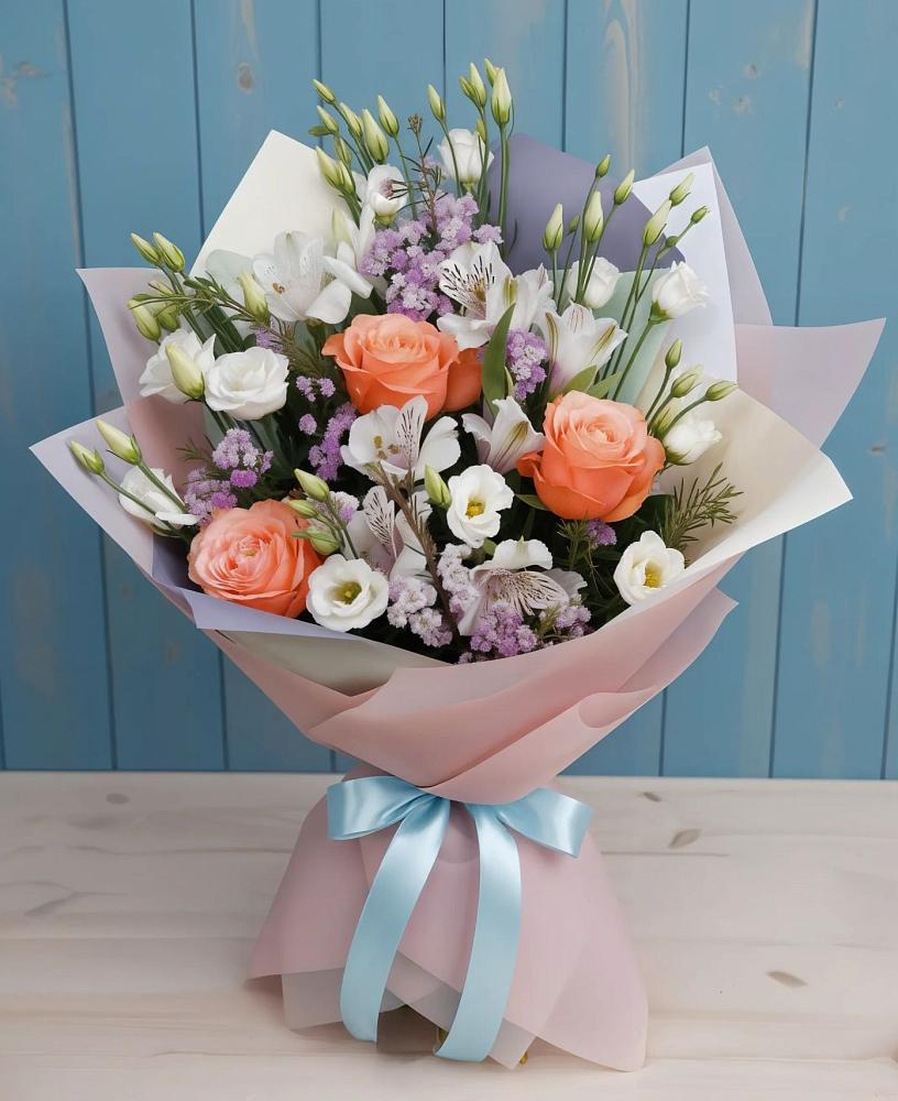 Букет цветов из: Лизиантусы, Розы, Альстромерии и Гипсофила в Черкесске